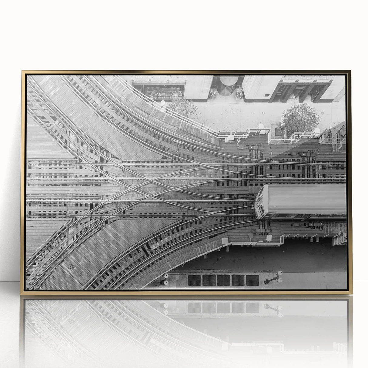 Large art print of the Chicago skyline in gold and navy tones on a framed acrylic, ideal for modern art wall decor.