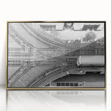Large art print of the Chicago skyline in gold and navy tones on a framed acrylic, ideal for modern art wall decor.