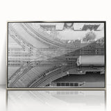 Mid-century modernist art depicting the Chicago skyline in silver and gray tones on a framed acrylic print.