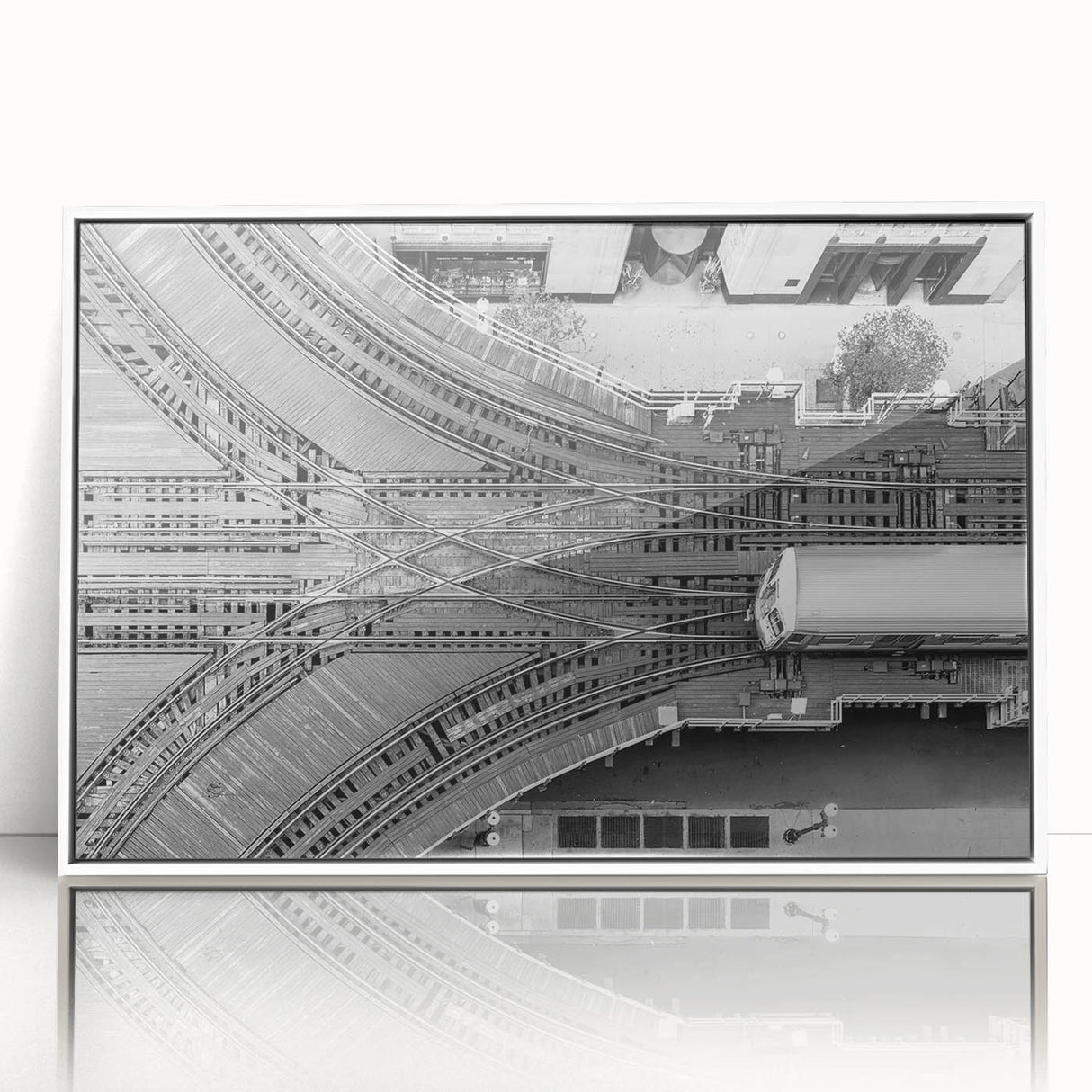 Art deco style Chicago skyline on white acrylic, framed, with muted gray tones, ideal for modern art wall decor in a nursery.