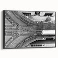 Black and white framed canvas of Chicago skyline, featuring vintage poster art style, ideal for bedroom wall decor.