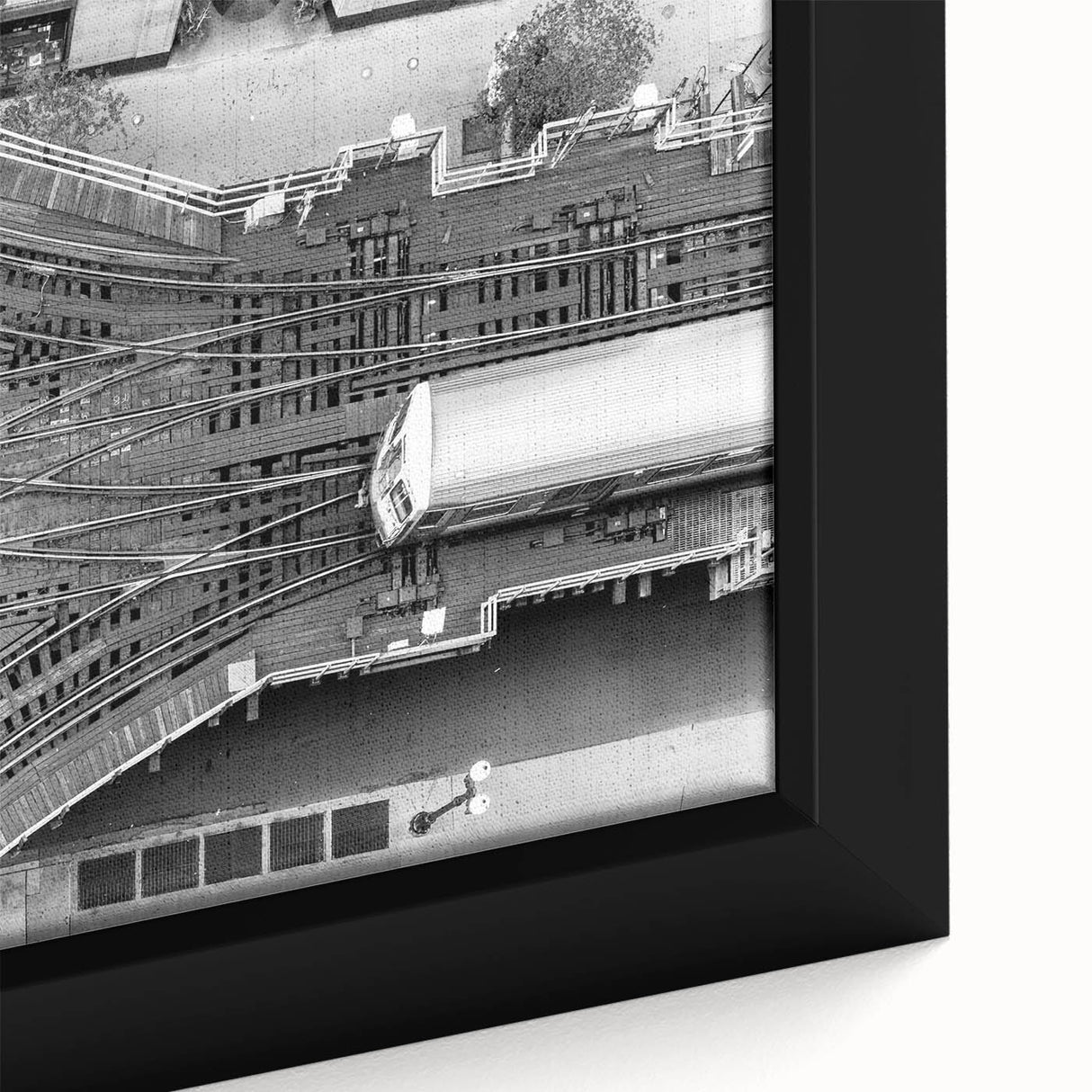 Framed canvas depicting a textured, colorful Chicago skyline in black tones, suitable for large living room walls.