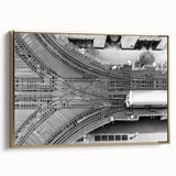 Framed canvas featuring a vintage-style landscape painting of the Chicago skyline in black and gold tones.