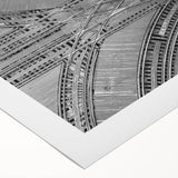 Art deco poster of Chicago skyline in monochrome shades on rolled canvas, suitable for dining room decor.