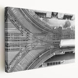 Large art print of Chicago skyline in muted gray tones on stretched canvas, ideal for kitchen wall art.