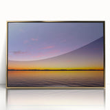 Framed acrylic print of Lake Michigan with gold accents, in mid-century modernist style, ideal for modern art wall decor.