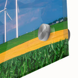 Mid-century modernist abstract art of Iowa scenery on acrylic glass, with muted earth tones, ideal for dining room art.