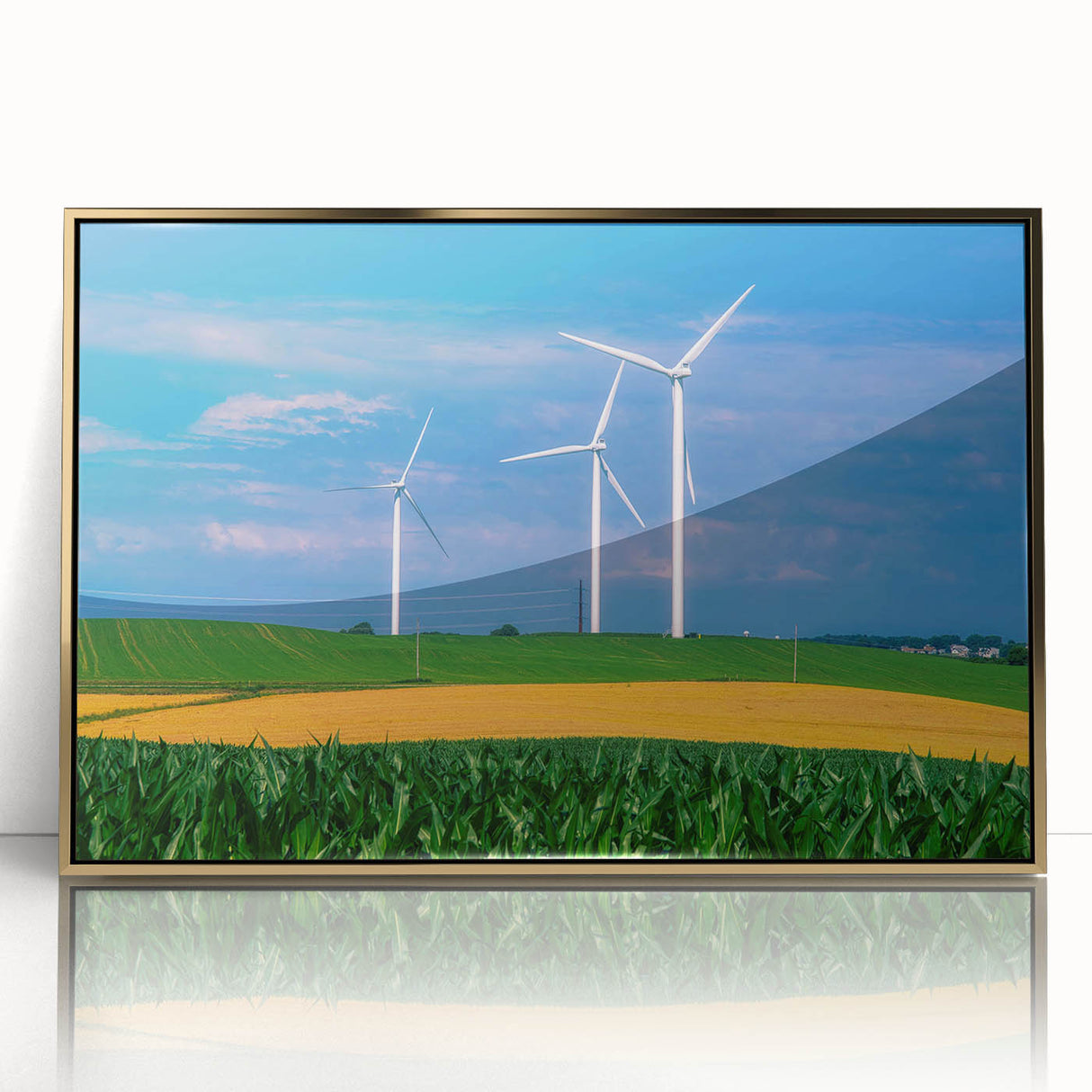 Mid-century modernist style acrylic print of a serene Iowa landscape in muted earth tones, ideal for nursery wall decor.
