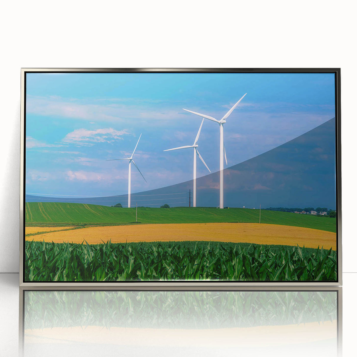 Mid-century modernist art depicting an Iowa landscape in muted tones on a framed acrylic.