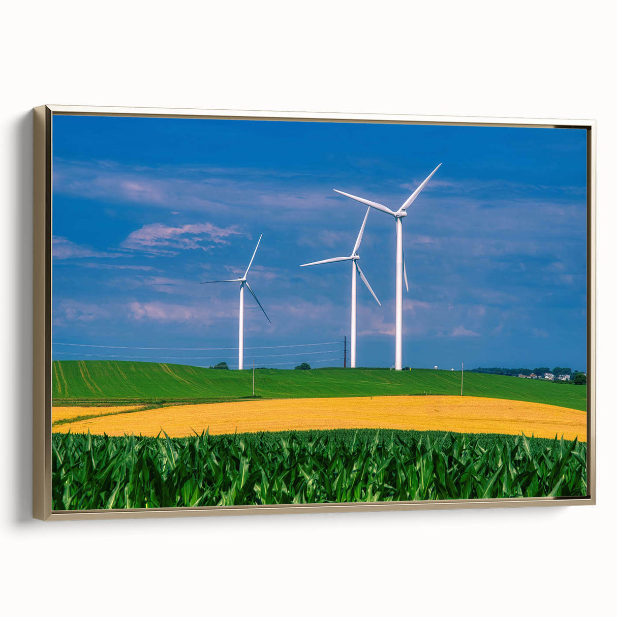 Framed canvas featuring a vintage-style landscape painting of Iowa scenery in black and muted gold tones.