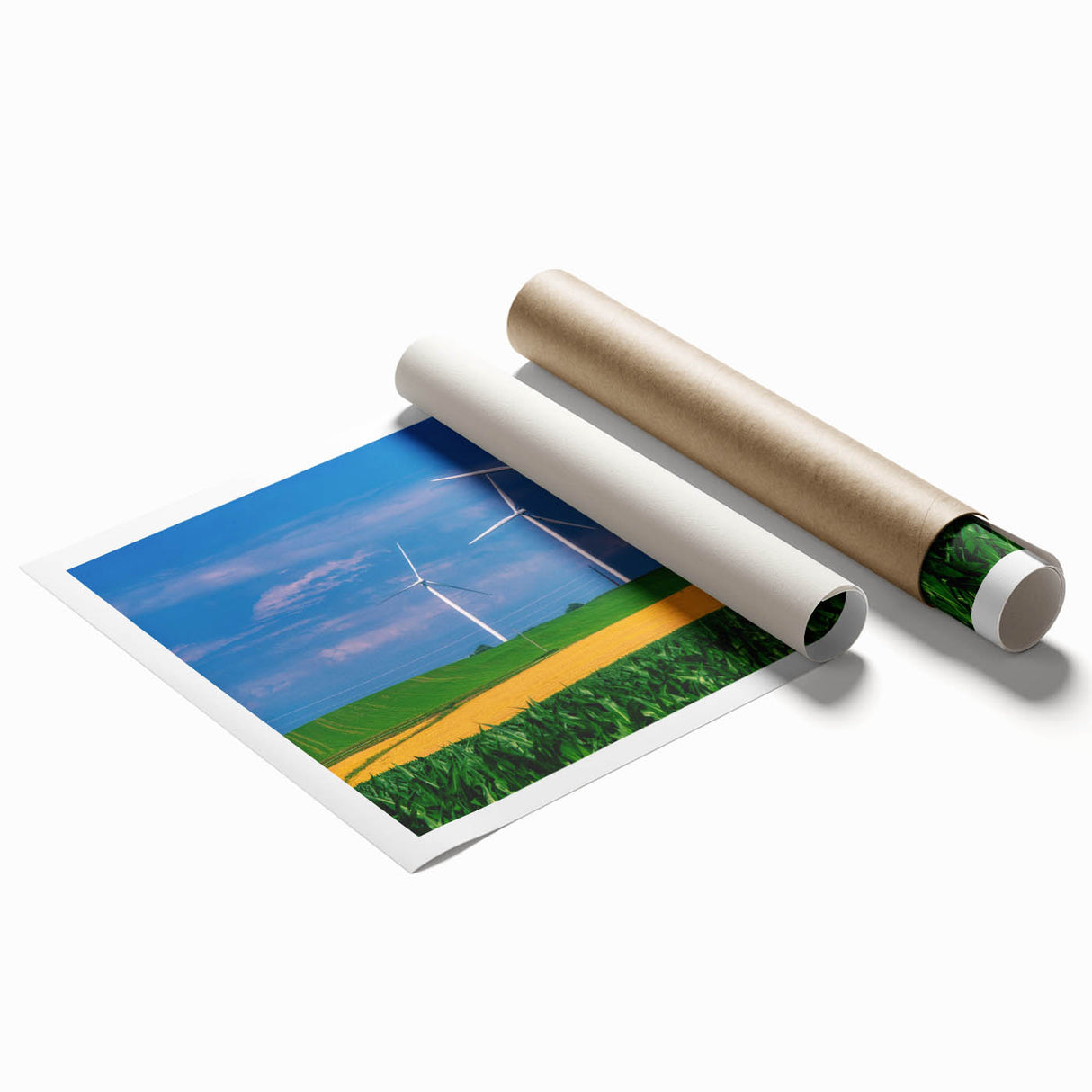 Extra large rolled print of a serene Iowa landscape with soft floral elements, ideal for classy bathroom wall art.