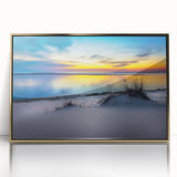 Large acrylic print of a Kansas landscape in muted earth tones, framed in gold, ideal for modern art wall decor.