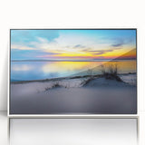 Art deco poster of Kansas scenery in muted blues and greens on framed acrylic, ideal for modern nursery wall art.