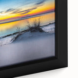 Extra large framed canvas featuring a textured depiction of a Kansas scenery in black with colorful art accents.