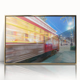 Large art print of New Orleans scenery in mid-century modernist style with gold acrylic frame.