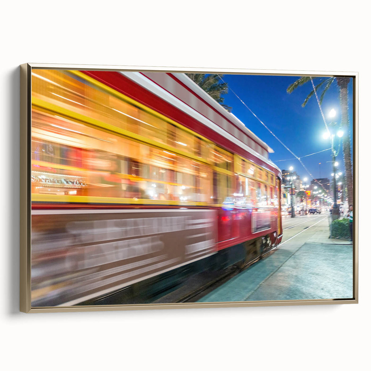 Framed canvas of a vintage-style New Orleans landscape in muted gold and black tones, ideal for bedroom wall art.