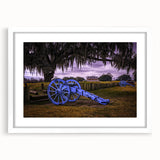 Abstract art print of Louisiana scenery in muted earth tones on a white-framed canvas, suitable for dining room decor.