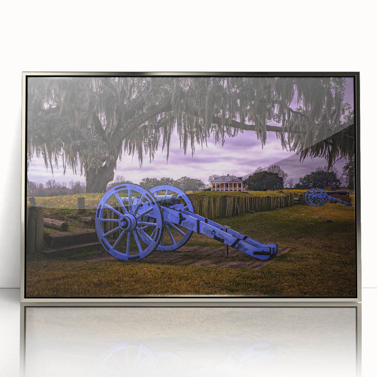 Mid-century modernist art depicting Louisiana scenery in muted earth tones, framed acrylic, ideal for nursery wall decor.
