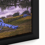 Close-up of a textured, extra large framed canvas depicting a colorful Louisiana landscape, ideal for living room decor.
