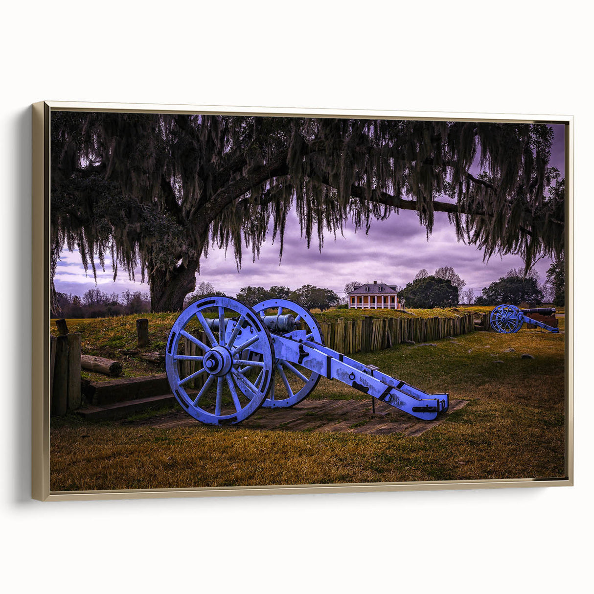 Framed canvas depicting a vintage-style Louisiana landscape in muted gold and black tones, ideal for bedroom wall decor.