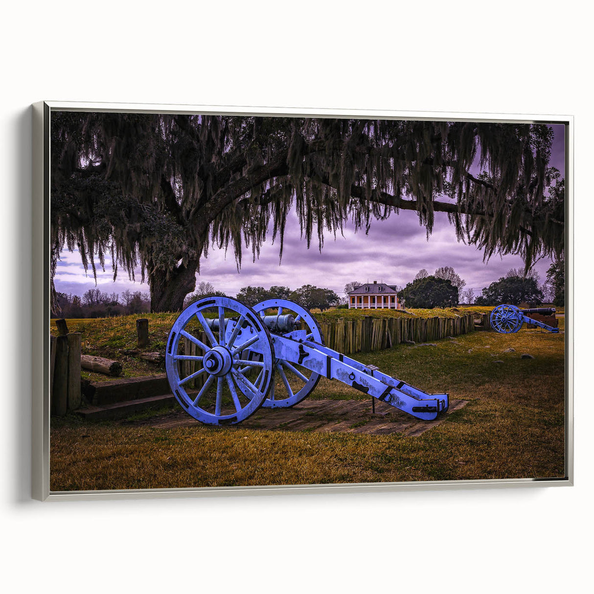 Framed canvas featuring a vintage-style Louisiana landscape with colorful art elements on a black background.