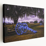 Large art depicting a Louisiana bayou scene on stretched canvas, featuring muted green and blue tones.