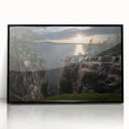 Large abstract wall art depicting Acadia's rugged coastline in muted gray and blue tones, framed in black acrylic.