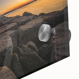 Large abstract wall art depicting a Maine landscape in mid-century modernist style, with muted earth tones on acrylic glass.