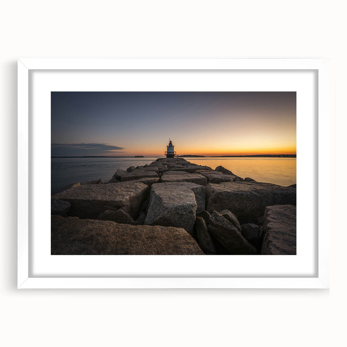 Abstract art print of Maine scenery in muted blue and green tones on a white matted frame, ideal for dining room decor.