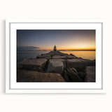 Abstract art print of Maine scenery in muted blue and green tones on a white matted frame, ideal for dining room decor.