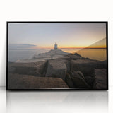 Large abstract wall art featuring a scenic Maine landscape in muted blues and greens, acrylic print in a black frame.