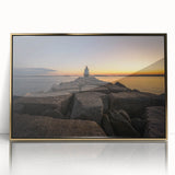 Acrylic print of a serene Maine landscape in muted earth tones, framed in gold, suitable for modern art wall decor.