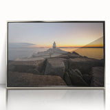 Mid-century modernist art depicting Maine scenery in muted blues and greens on a silver-framed acrylic print.