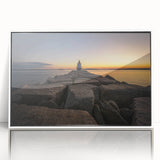 Acrylic print of a serene Maine landscape in pastel shades, framed in white, suitable for modern nursery decor.