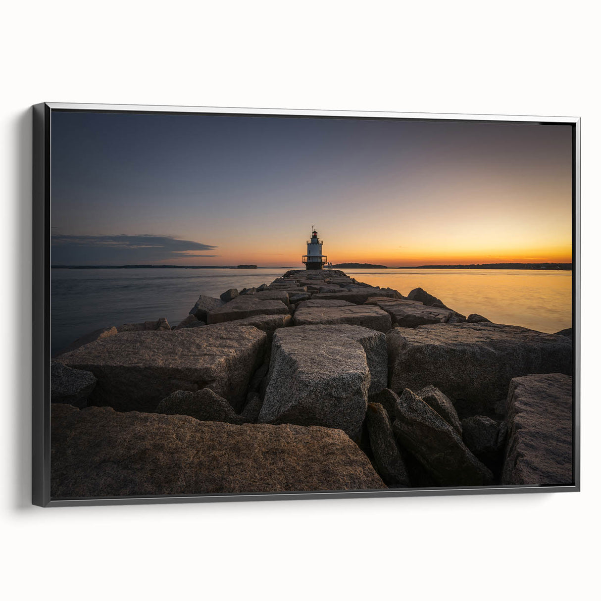 Black and white framed canvas depicting a vintage Maine landscape, ideal for bedroom wall art.