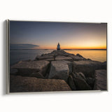 Framed canvas depicting a vintage-style Maine landscape with colorful art accents, ideal for enhancing living room decor.