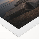 Art deco poster of Maine scenery in muted blue and green tones on rolled canvas, suitable for dining room decor.