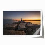 Scenic Maine coastline with lush greenery and ocean view, in muted colors on a rolled canvas.