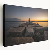 Scenic Maine coastline depicted in muted blue and gray tones on a stretched canvas, ideal for kitchen wall art.