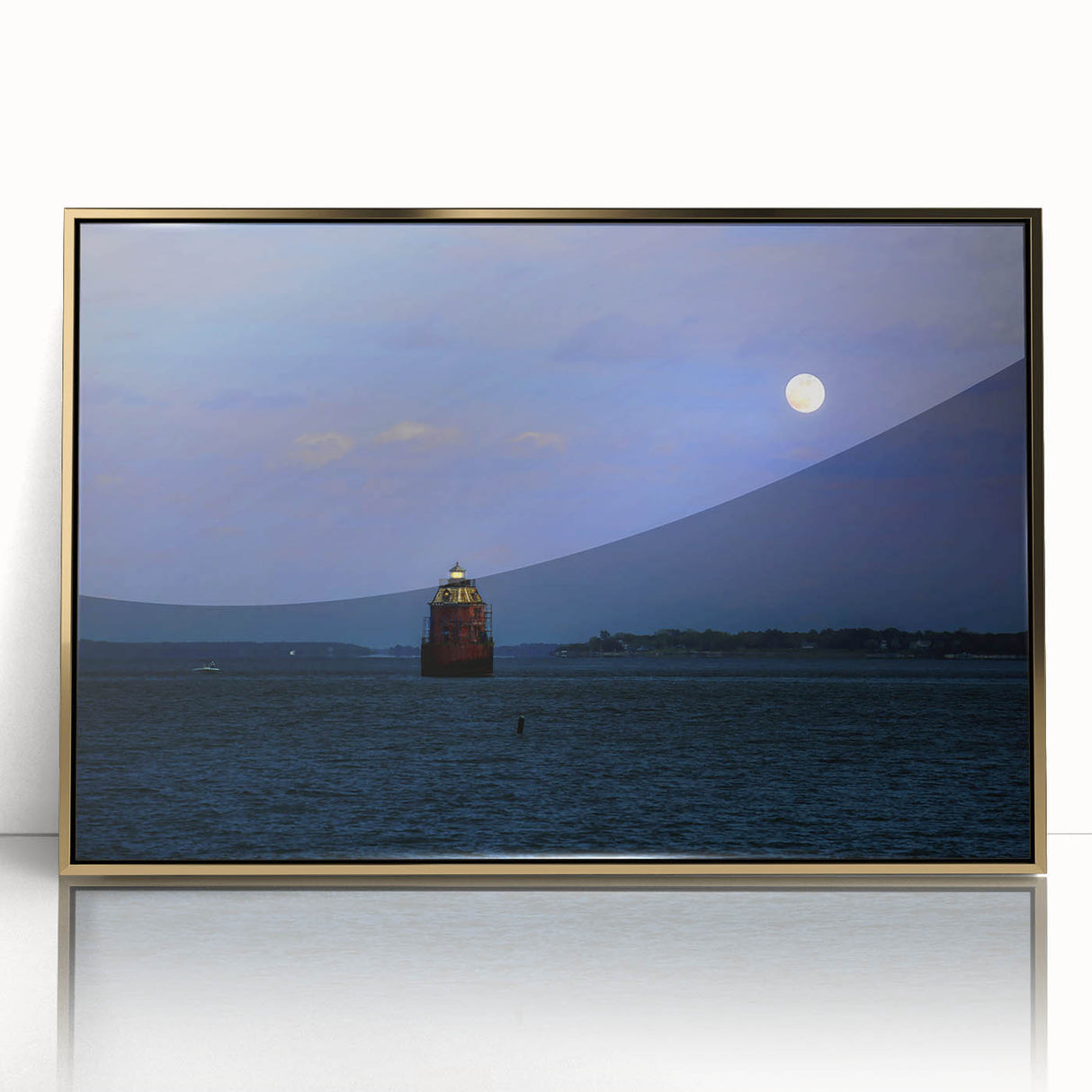 Large art print of Annapolis, Maryland, displayed in a gold-framed acrylic, featuring mid-century modernist style.