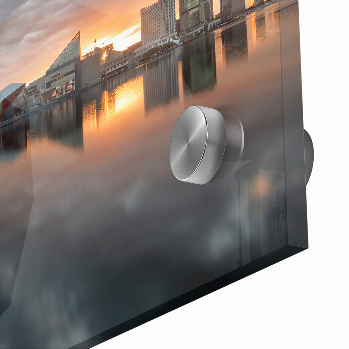 Large abstract wall art of Baltimore skyline in muted gray on acrylic glass, ideal for dining room art.