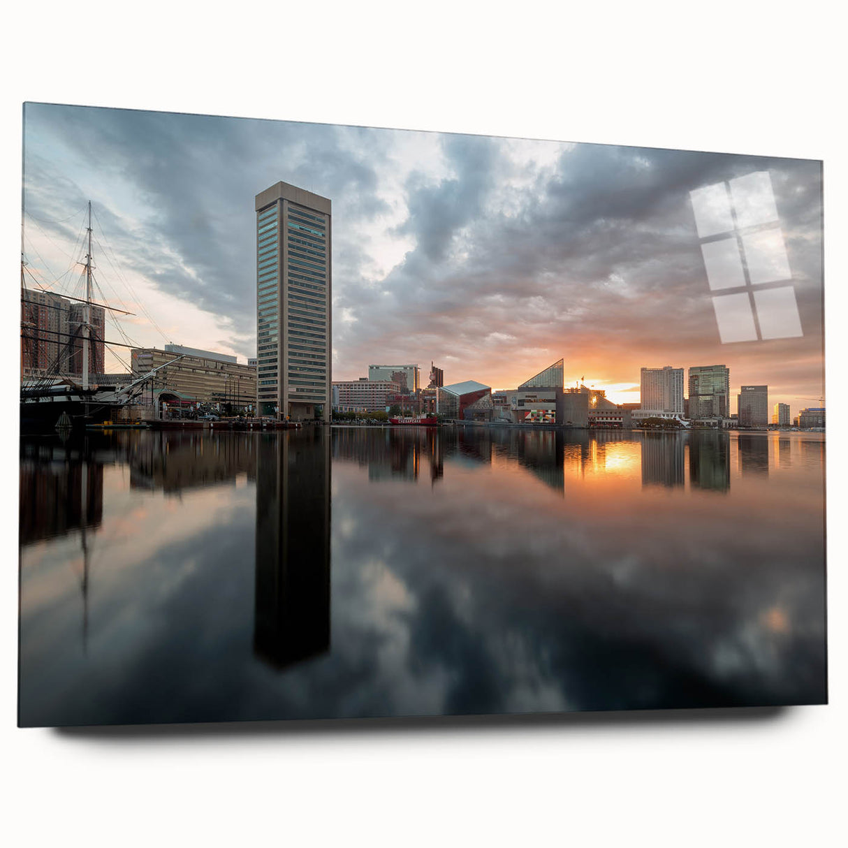 Acrylic print of Baltimore skyline in muted blue and gray tones, suitable for bedroom or dining room decor.