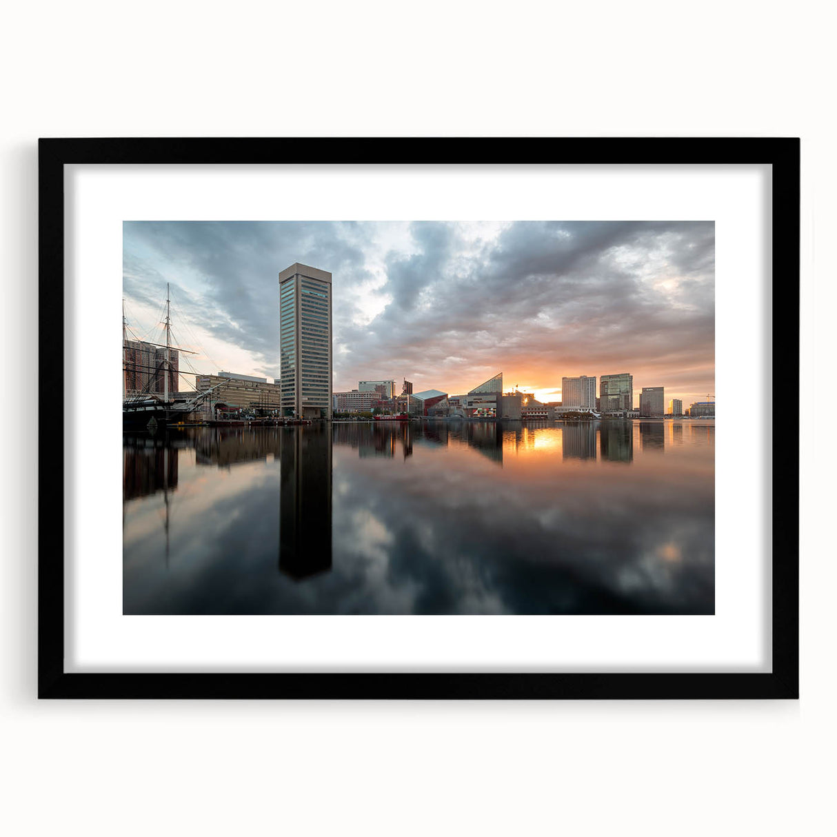 Extra large abstract art print of Baltimore skyline, featuring vibrant colors on a black framed canvas.