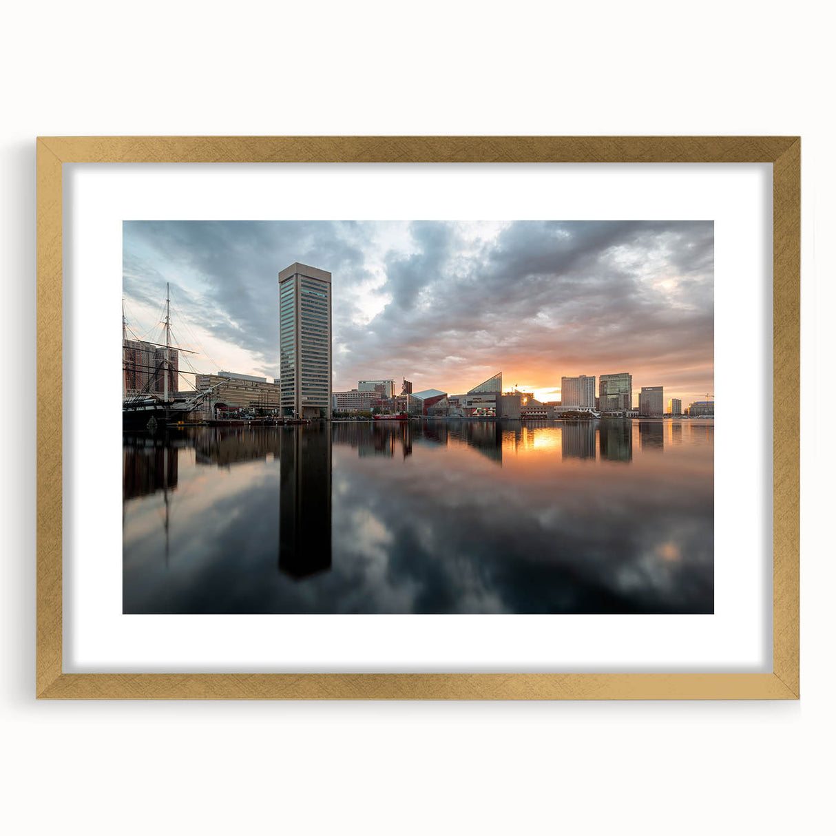 Extra large abstract art print of Baltimore skyline in muted gray and gold tones on a textured canvas.