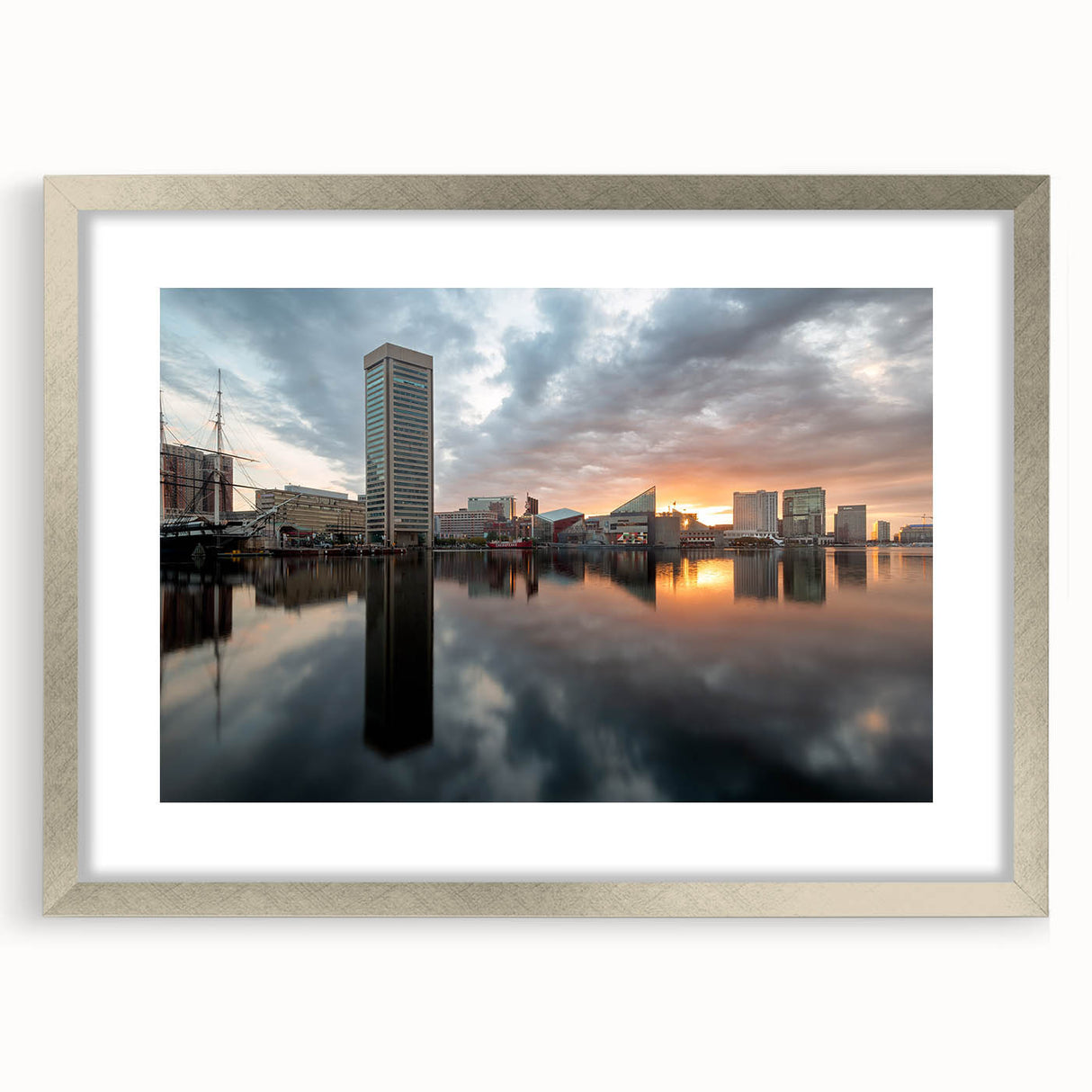 Textured abstract art print of Baltimore skyline in muted gray and silver tones on a framed canvas.
