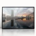 Large abstract wall art depicting Baltimore's skyline in muted grays and blues on a framed acrylic.