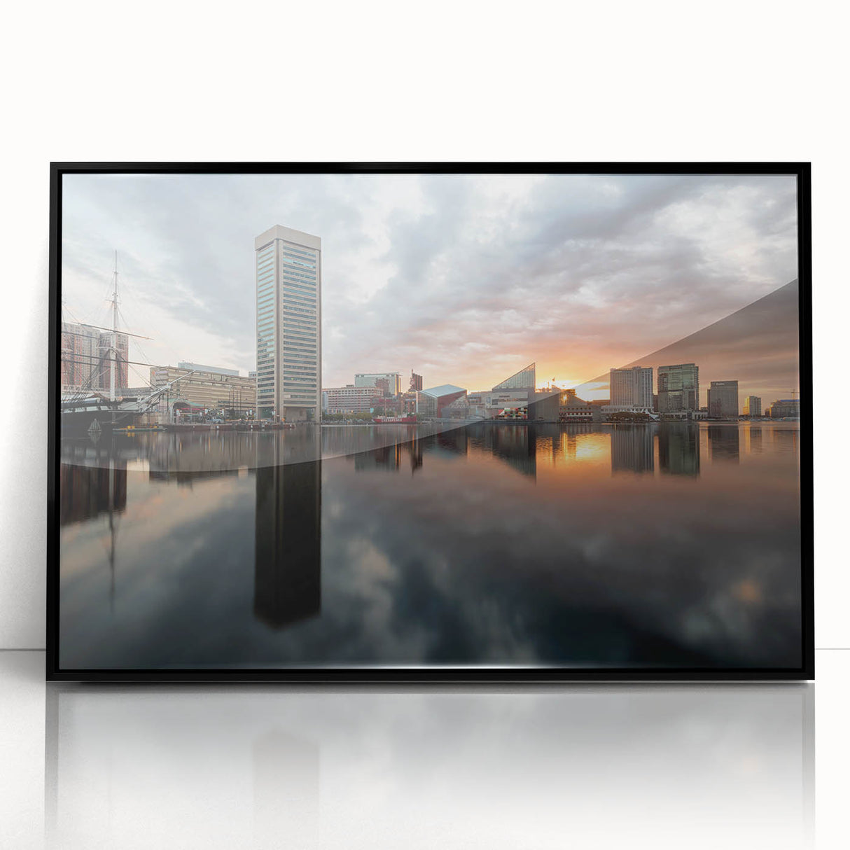 Large abstract wall art depicting Baltimore's skyline in muted grays and blues on a framed acrylic.
