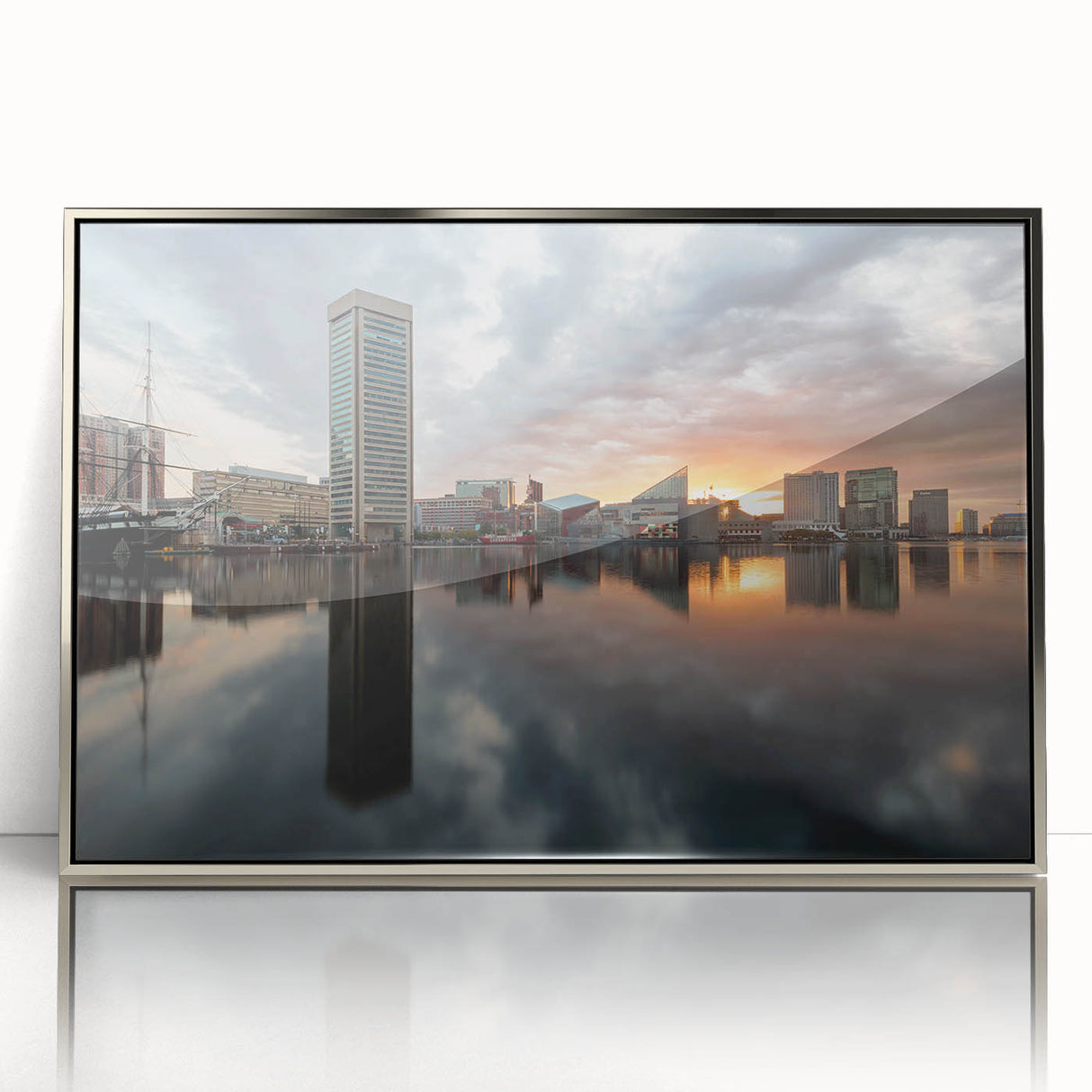 Mid-century modernist art depicting Baltimore skyline in acrylic, with silver frame, ideal for modern art wall decor.