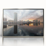 Mid-century modernist art depicting Baltimore skyline in acrylic, with silver frame, ideal for modern art wall decor.