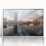 Art Deco-style poster of Baltimore skyline in muted blue tones on a framed acrylic, suitable for modern art wall decor.